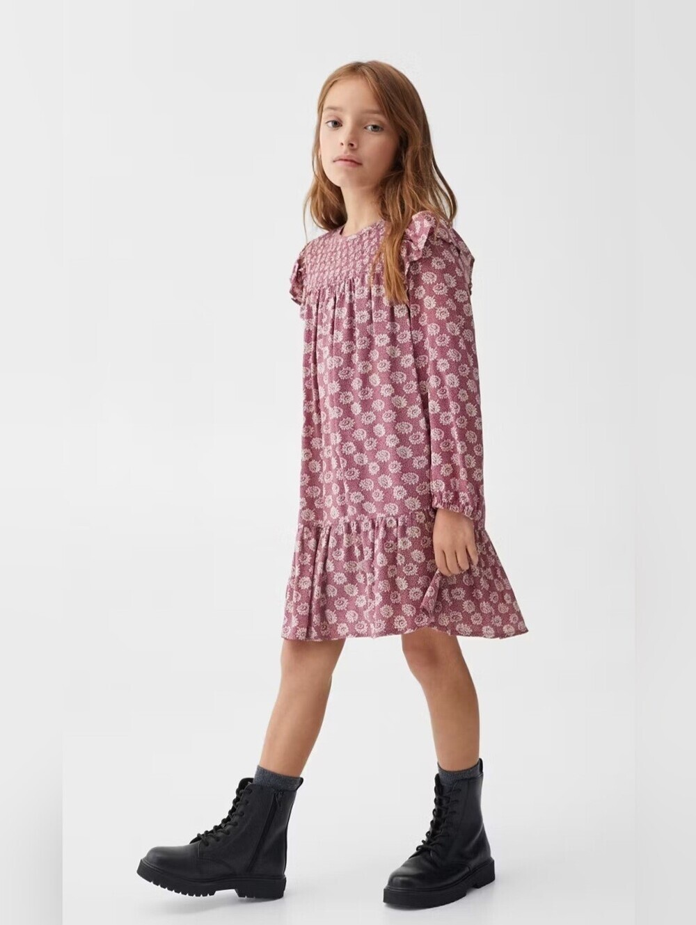 Mango Kids Girls Size 9 (134 cm) Floral Ruffle Long Sleeve Dress NWT